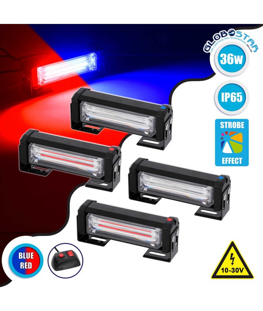 GloboStar® 85035 PRO Series ΣΕΤ 4 x Μπάρες Σήμανσης Οχήματος Αστυνομίας για Αυτοκίνητα & Φορτηγά 13 Προγραμμάτων Φωτισμού LED CREE CXB COB 36W DC 10-30V Αδιάβροχο IP65 Κόκκινο & Μπλε